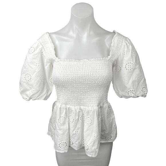 Koko + Mason White Smocked Eyelet Puff Sleeve Square Neck Peplum Blouse Top Sz M - Picture 1 of 5